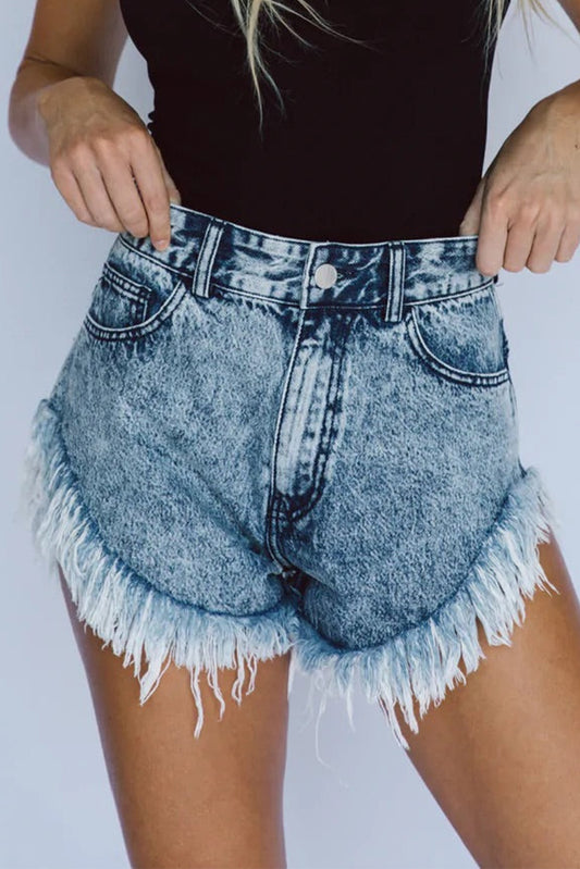 Sky Blue Dark Acid Wash Raw Hem Jean Shorts