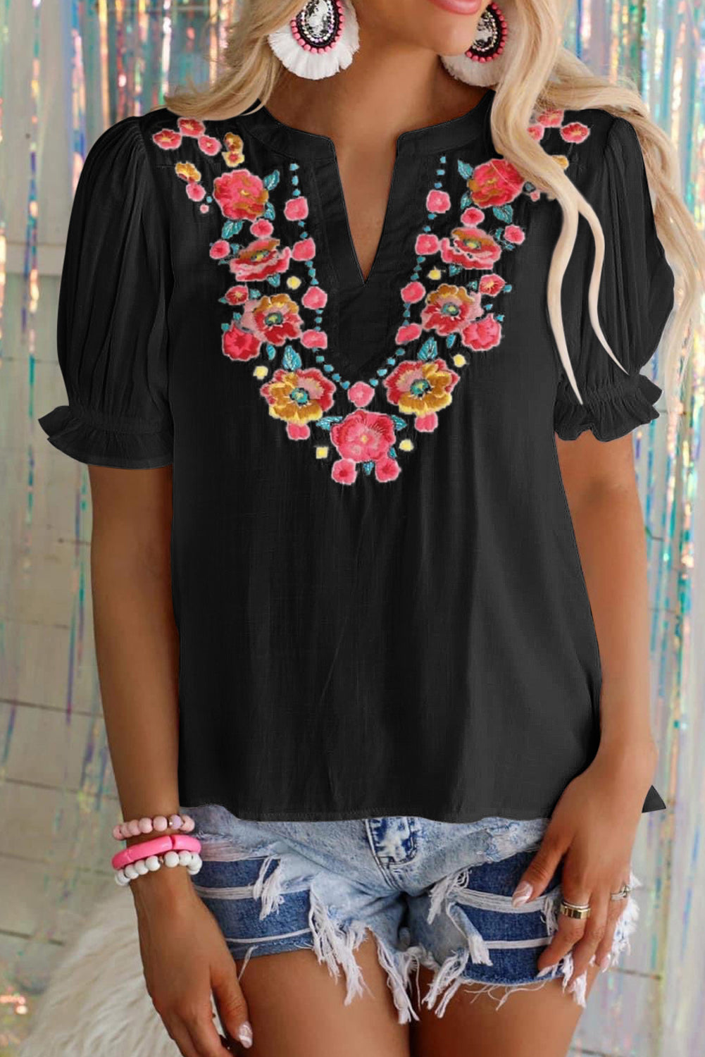 White Floral Embroidered Ruffled Puff Sleeve Blouse