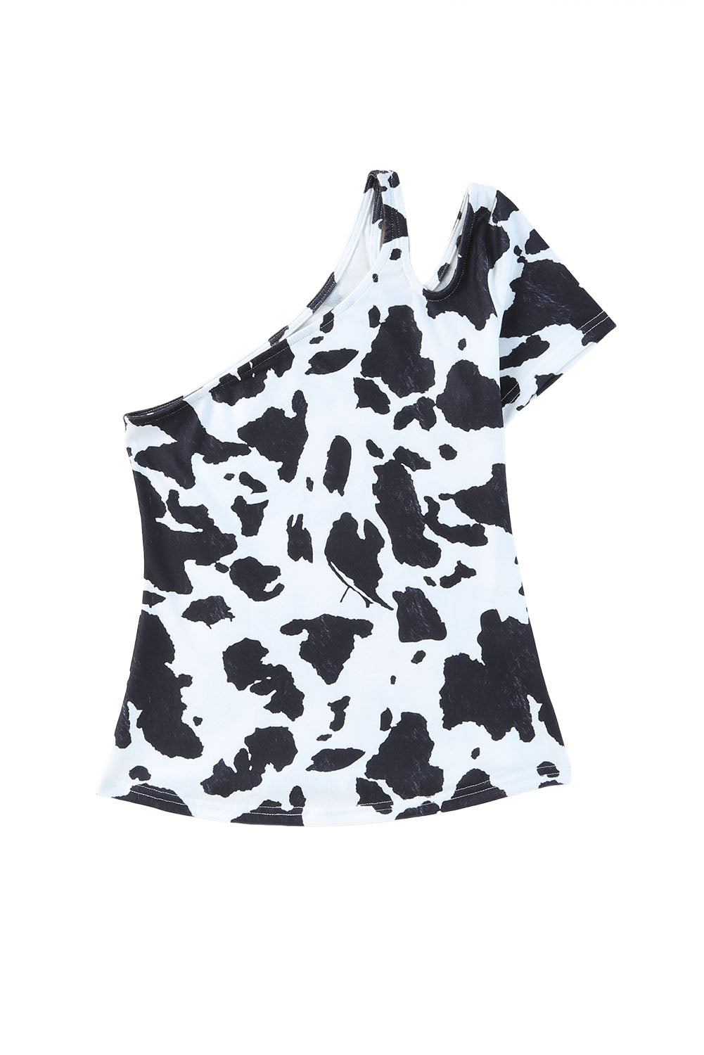 White One Shoulder Cow Print Cut out Short Sleeve Top