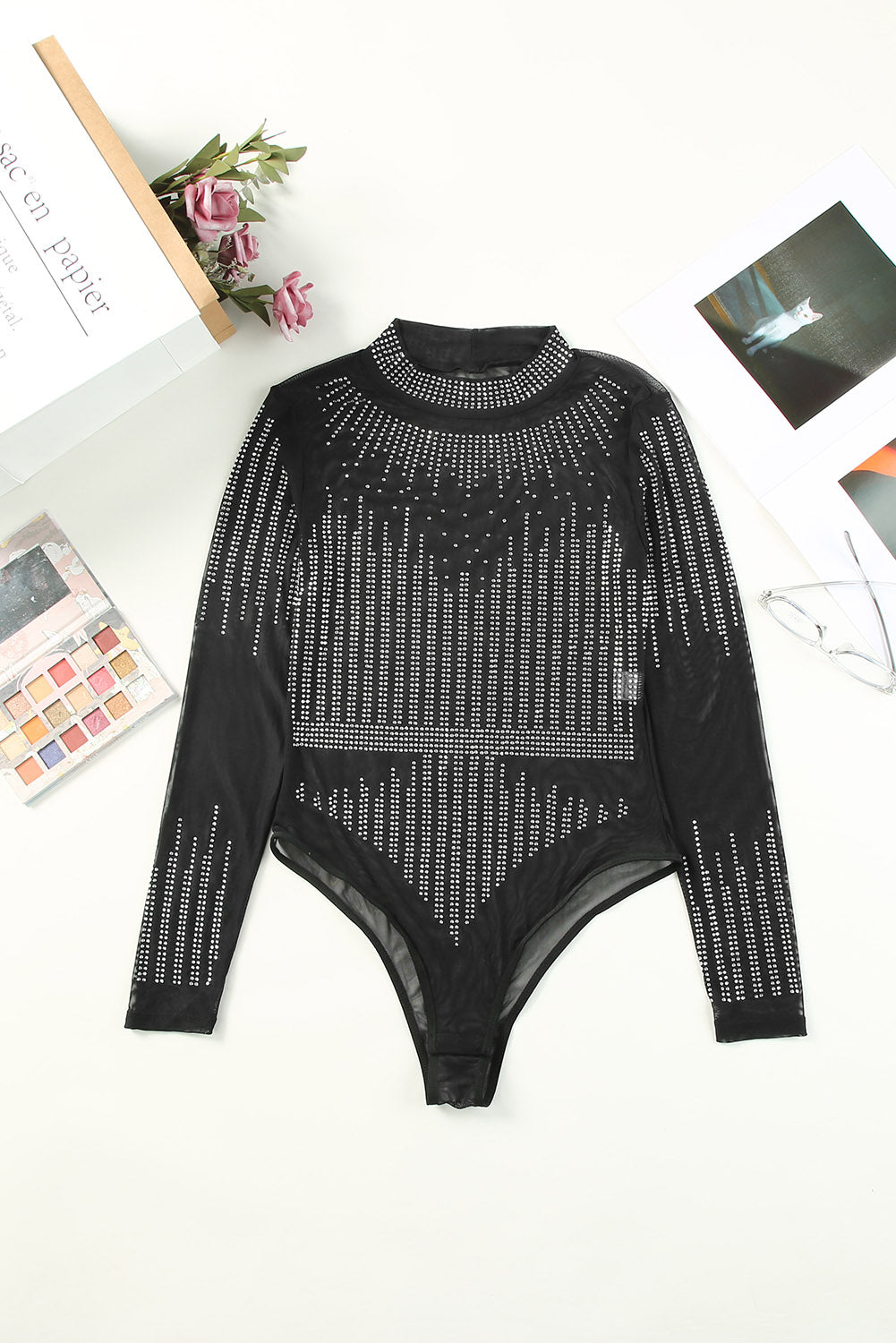 Black Rhinestone Sheer Mesh Long Sleeve Bodysuit