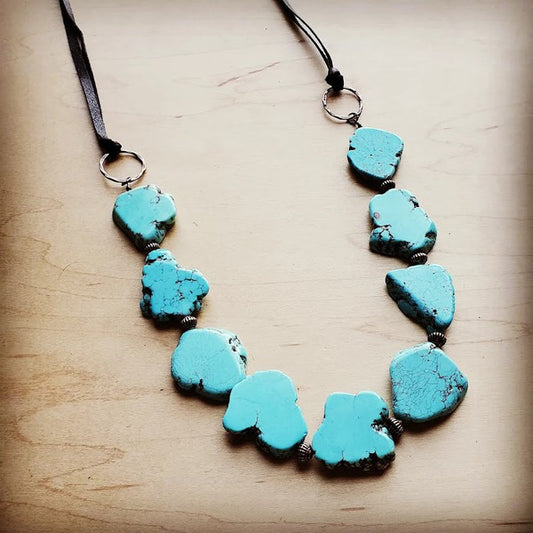 Blue Turquoise Slab Necklace with Leather Ties