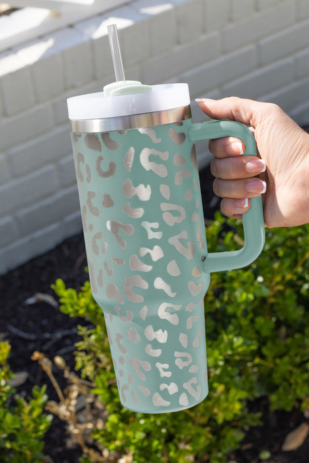 Green Leopard Print 40oz Stainless Steel Portable Cup with Handle