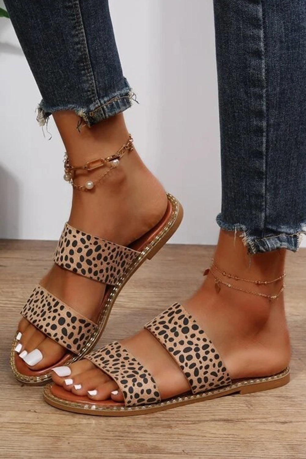 Leopard Double Straps Flat Slippers