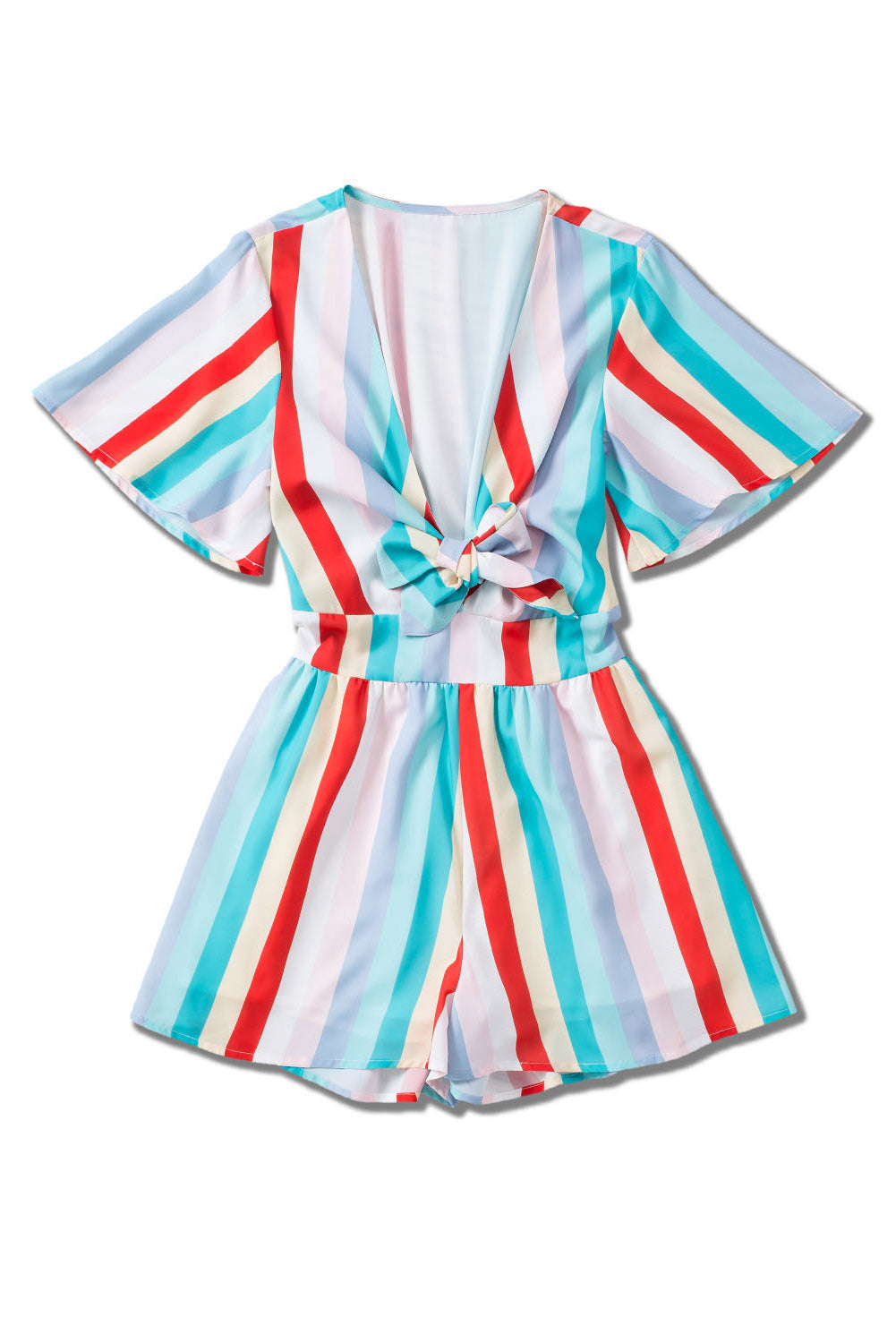 Multicolor Stripe Print Tie V Neck Flowy Romper