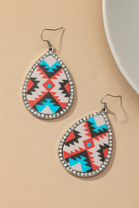 Teardrop Aztec drop earrings with rhinestones