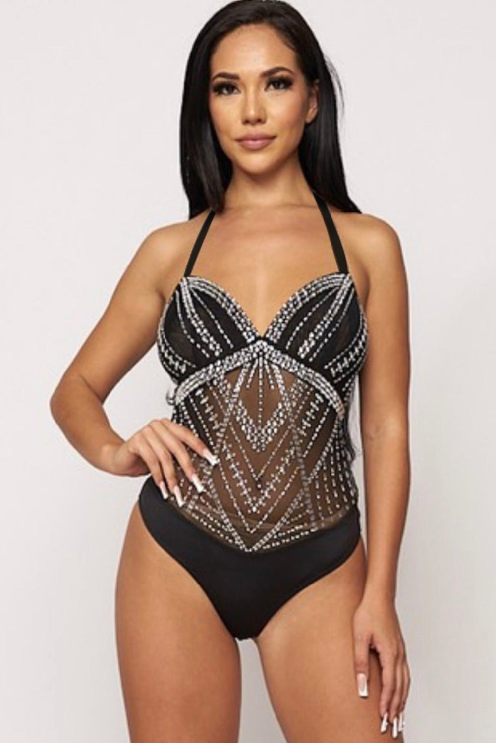 Black Rhinestone Sleeveless Halter Neck Bodysuit