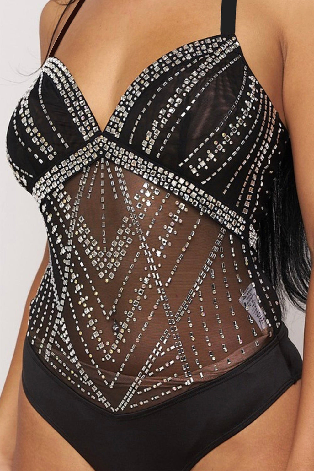 Black Rhinestone Sleeveless Halter Neck Bodysuit