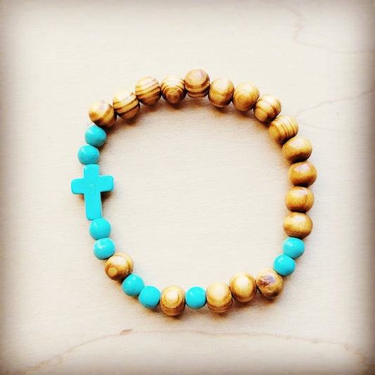 Bracelet Bar-Wood & Blue Turquoise Beads