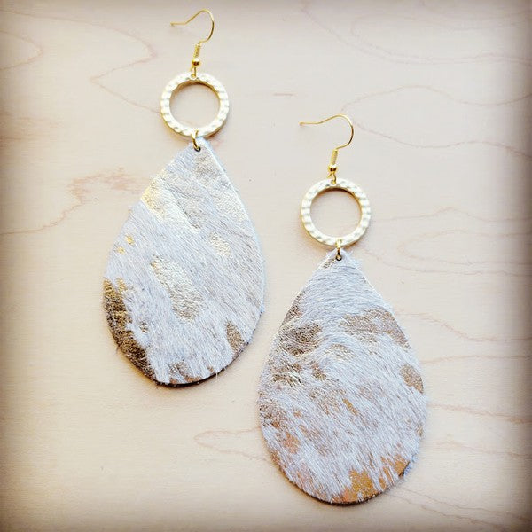 Teardrop Earrings White Metallic w/ Gold Hoop