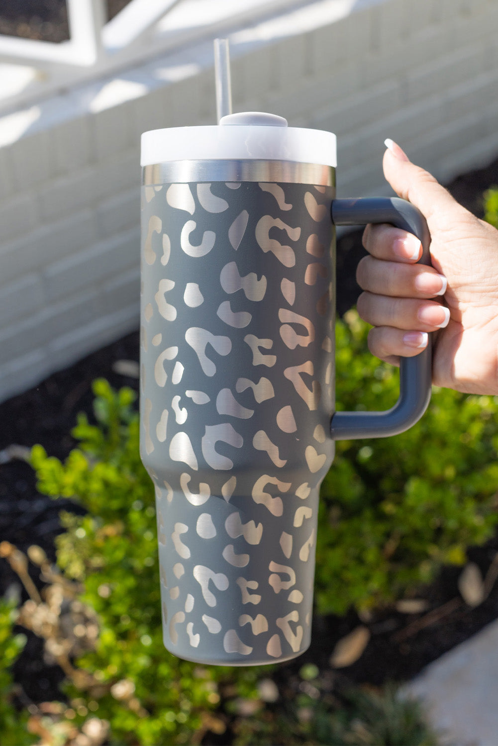 Gray Leopard Print 40oz Stainless Steel Portable Cup with Handle