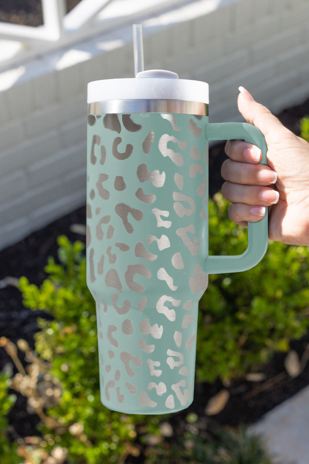 Green Leopard Print 40oz Stainless Steel Portable Cup with Handle