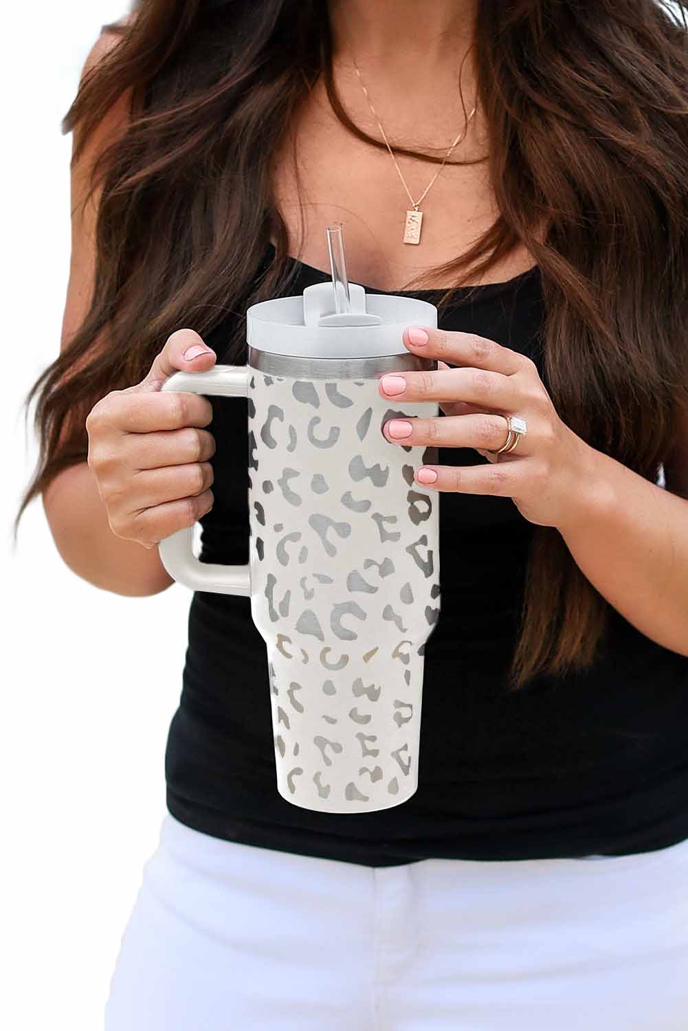 White Leopard Print 40oz Stainless Steel Portable Cup with Handle