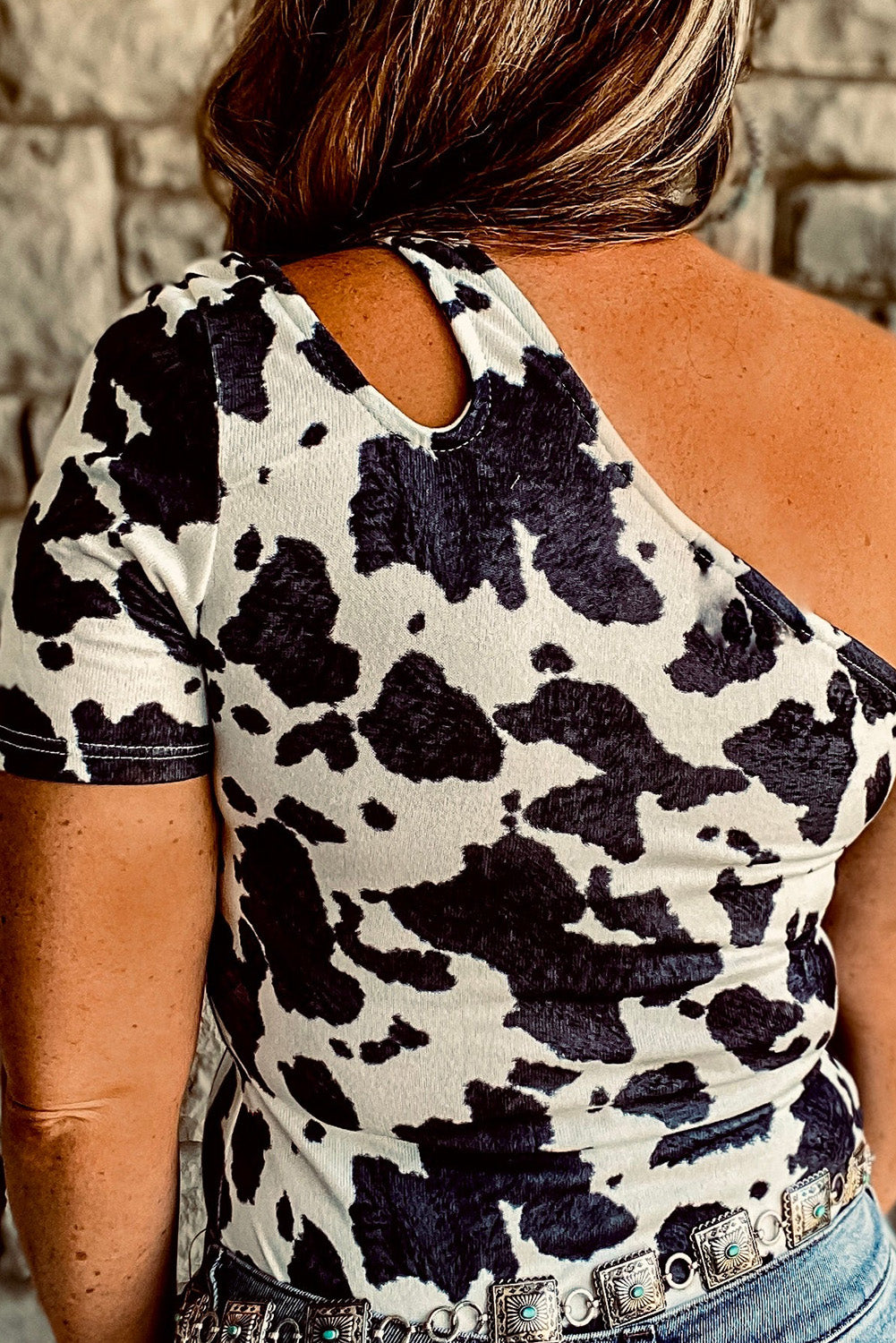 White One Shoulder Cow Print Cut out Short Sleeve Top