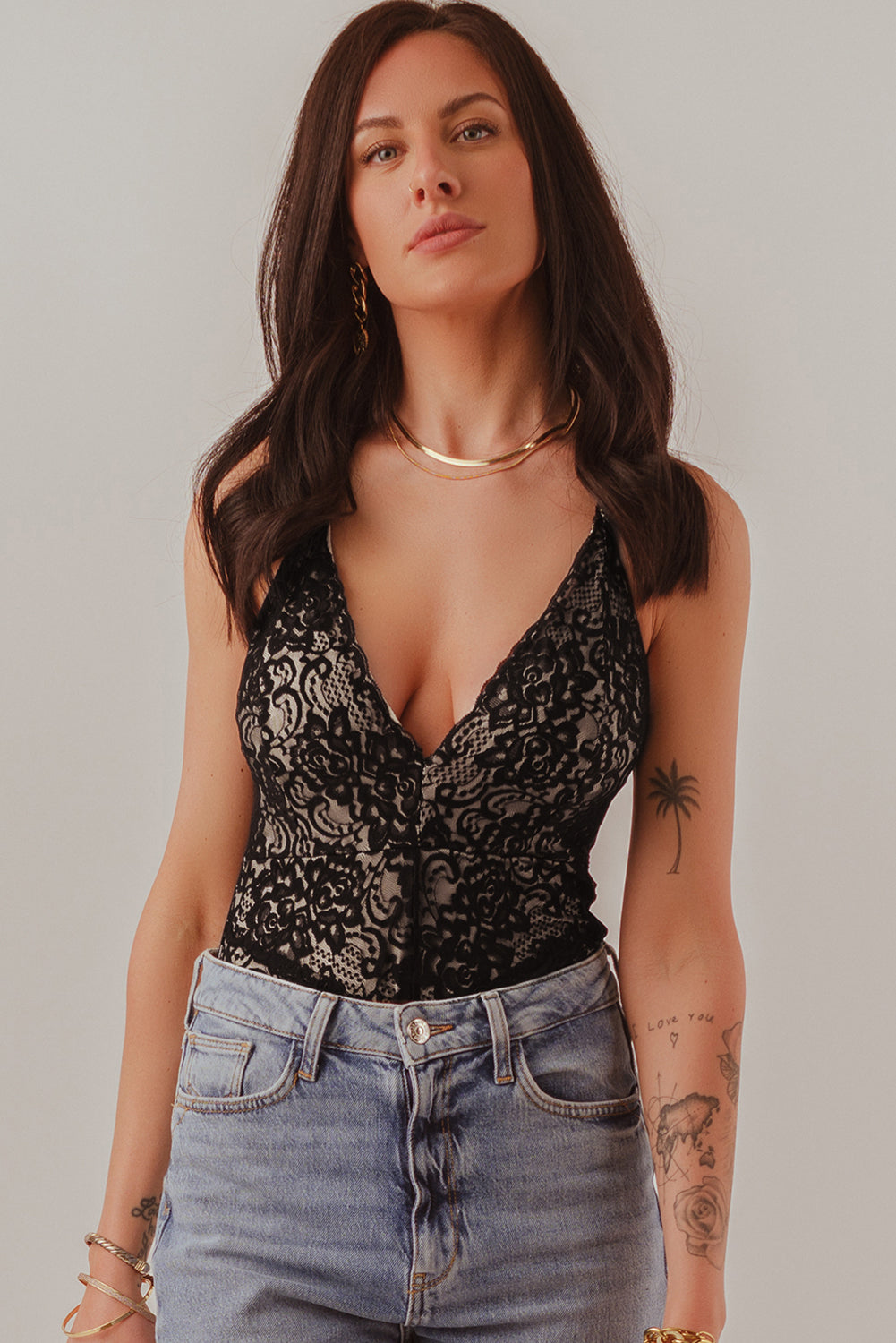 Black Halter Neck Backless Floral Crochet Lace Bodysuit