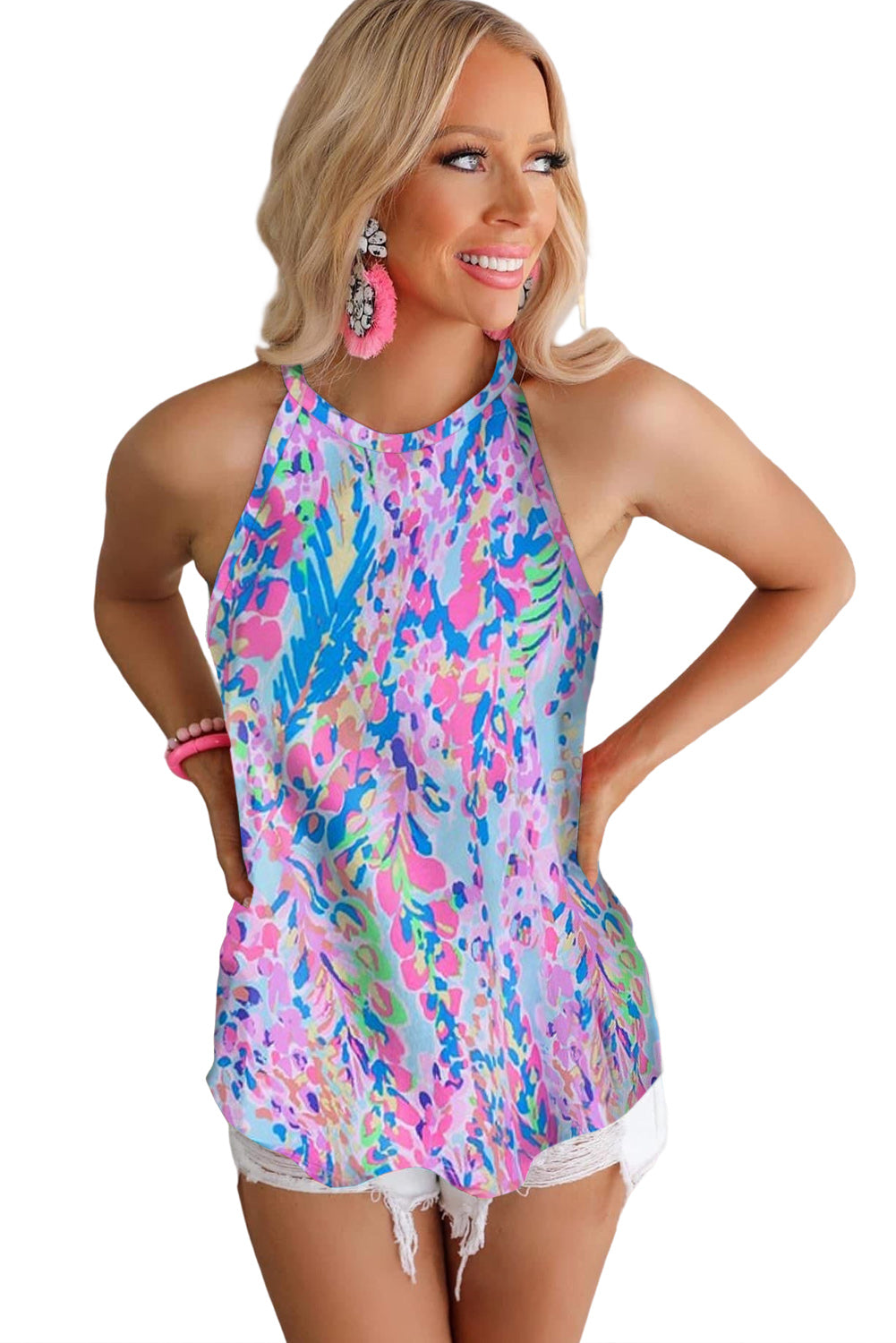 Blue Multicolor Floral Print Sleeveless Tank Top