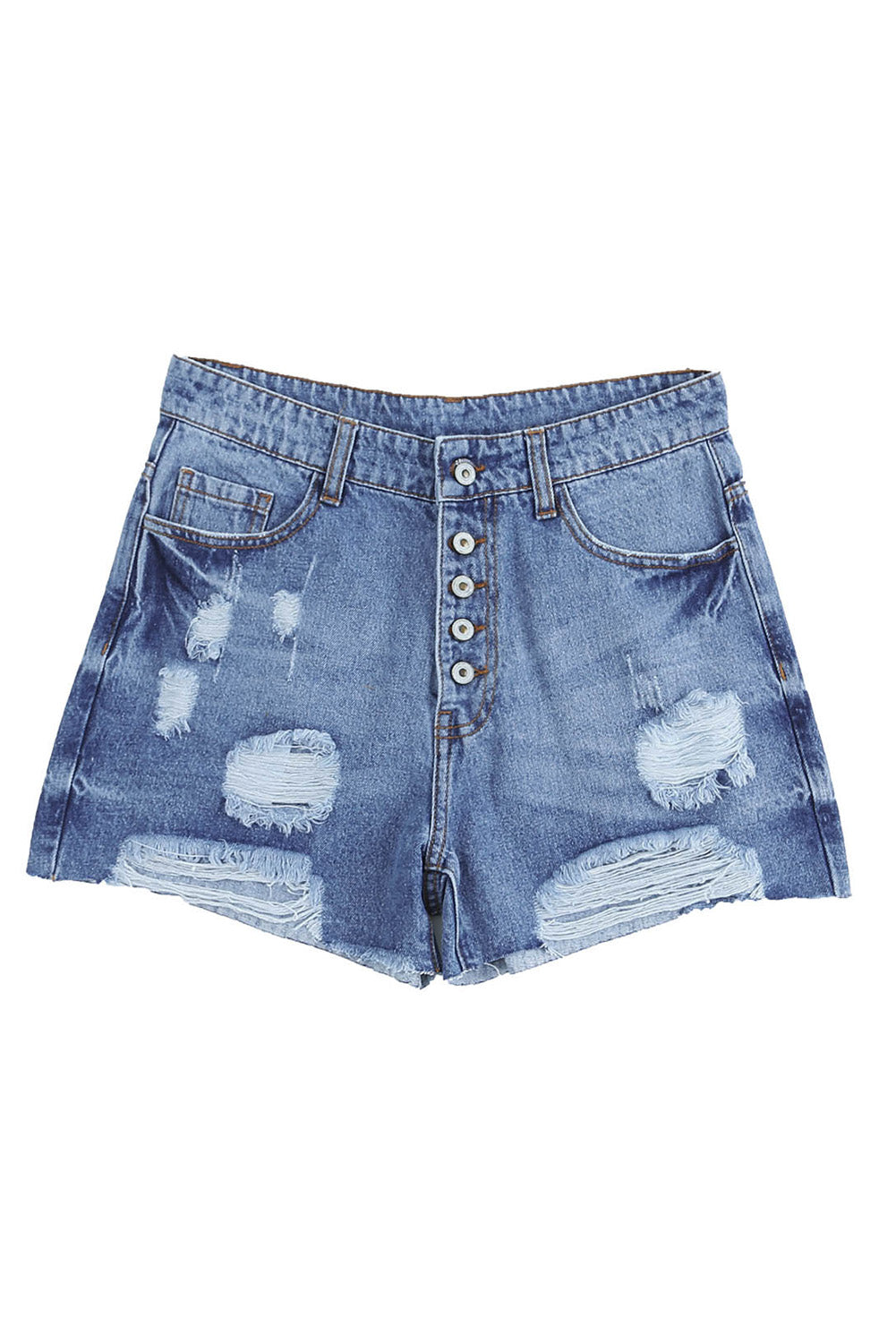 Sky Blue Button-fly High Rise Distressed Denim Shorts