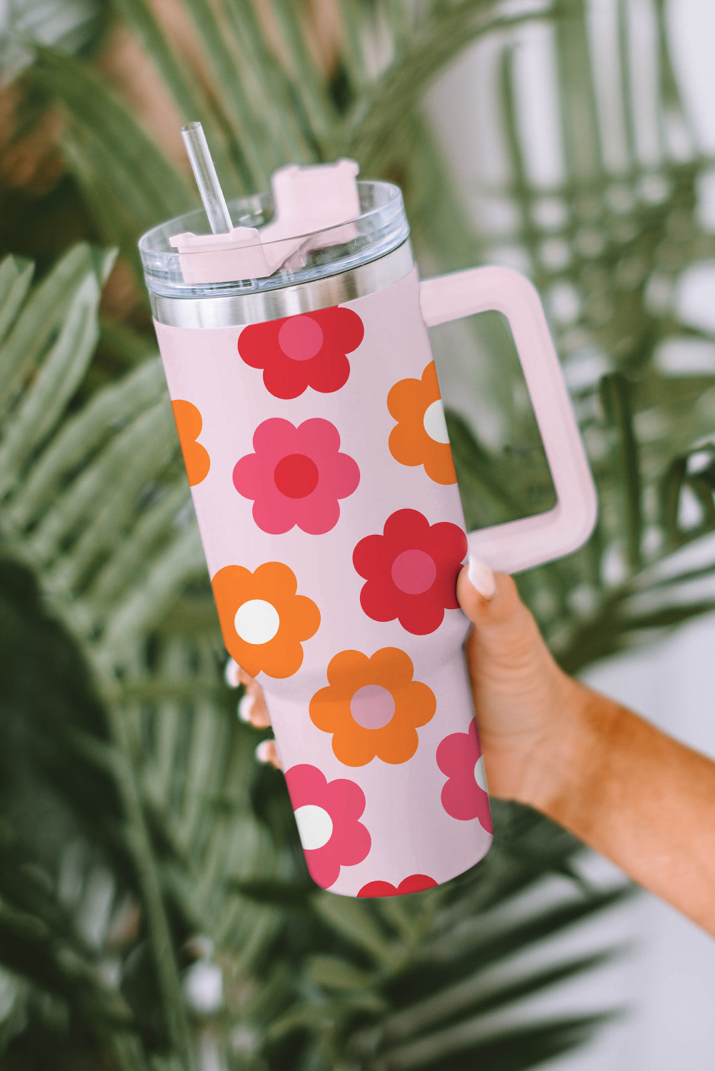 Multicolor Flower Print Handled Stainless Steel Vacuum Cup 40oz