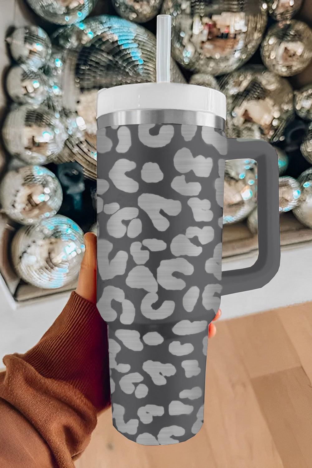 Gray Leopard Print 40oz Stainless Steel Portable Cup with Handle