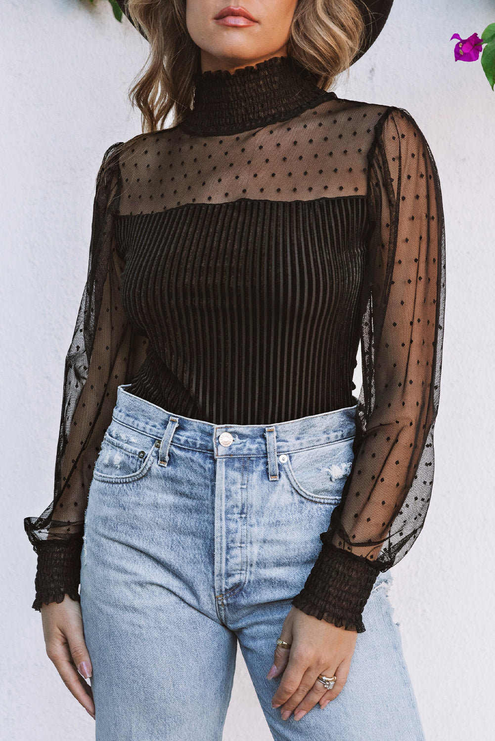 Black Sheer Dotty Long Sleeve Ribbed Velvet Bodysuit