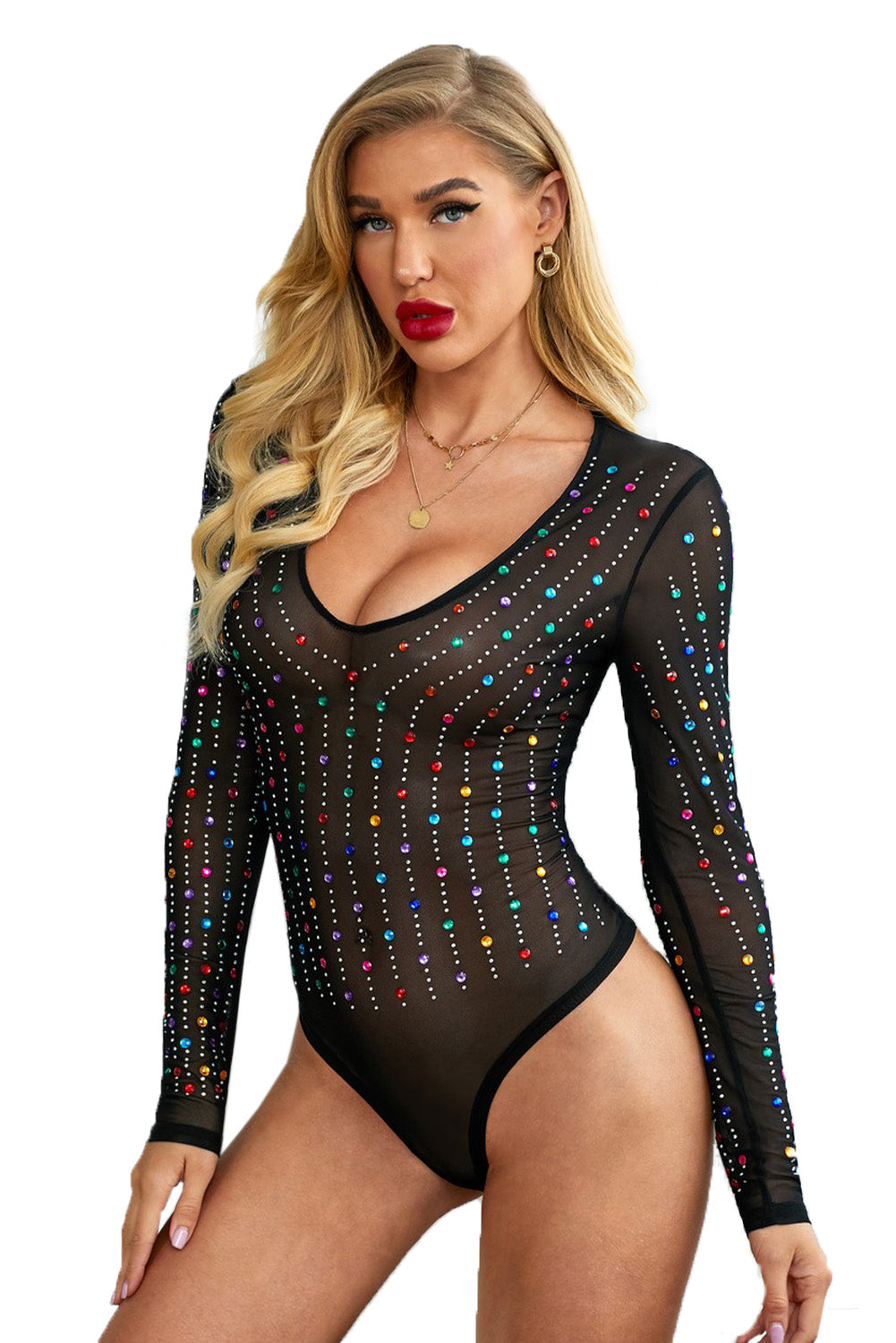 Black Mesh Rainbow Iridescent Rhinestone Studded Bodysuit