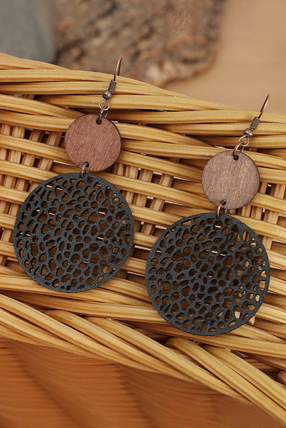 Black Hollow Out Wooden Round Drop Earrings