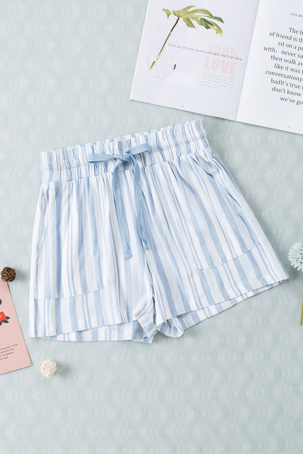 Sky Blue Vertical Stripes Print Shorts with Pockets