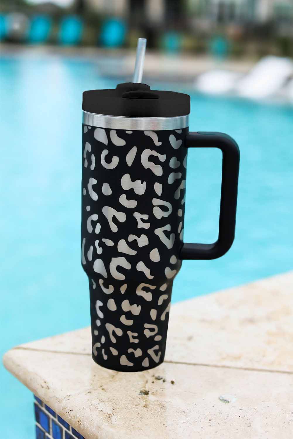 Green Leopard Print 40oz Stainless Steel Portable Cup with Handle