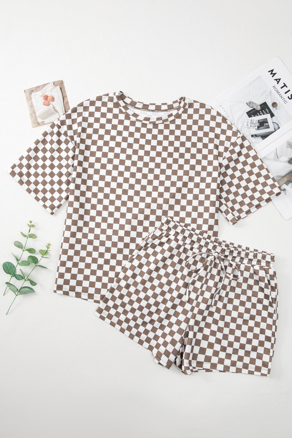 Brown Checkered Top and Short Casual 2pcs Set