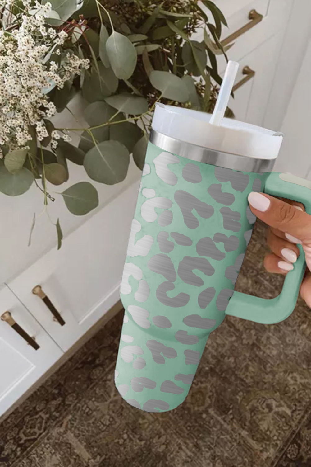 Green Leopard Print 40oz Stainless Steel Portable Cup with Handle