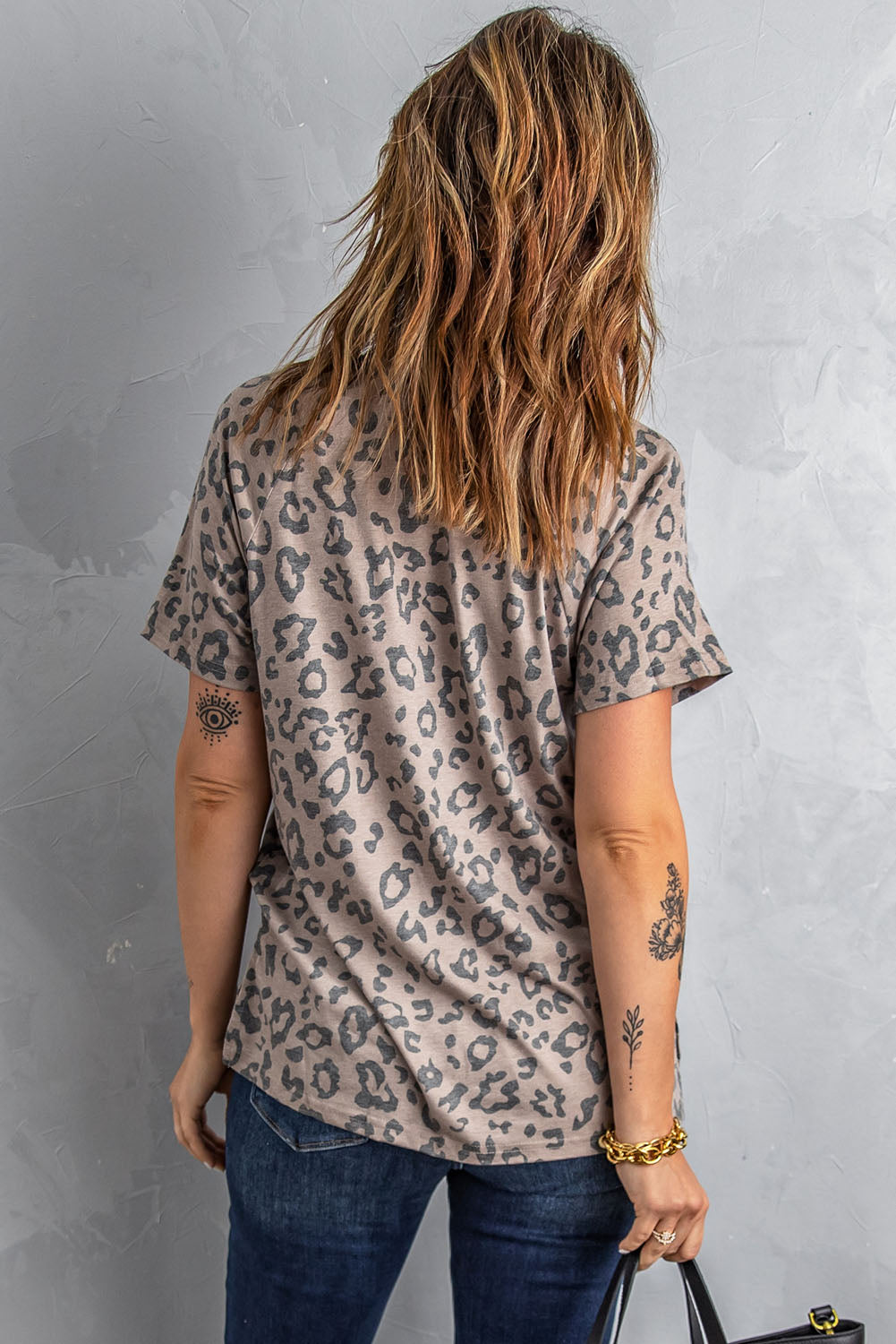 Brown V Neck Front Pocket Leopard Tee