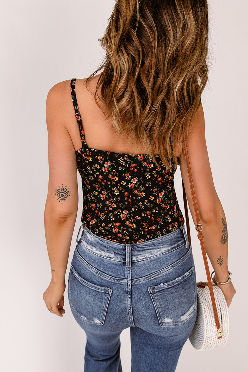 Black Boho Floral Print Spaghetti Straps Bodysuit