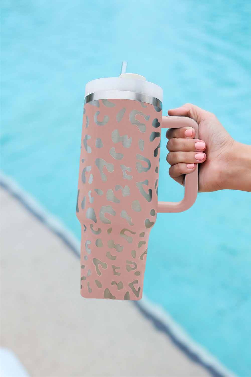 Pink Leopard Print 40oz Stainless Steel Portable Cup with Handle