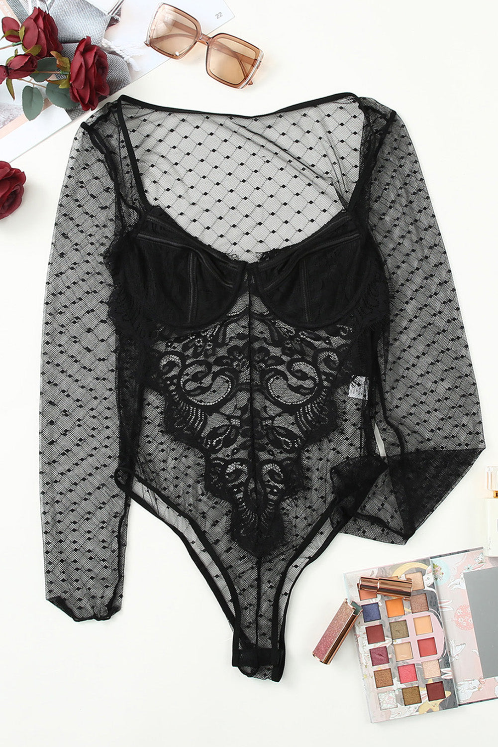 Black Long Sleeve Mesh Lace Bralette Bodysuit