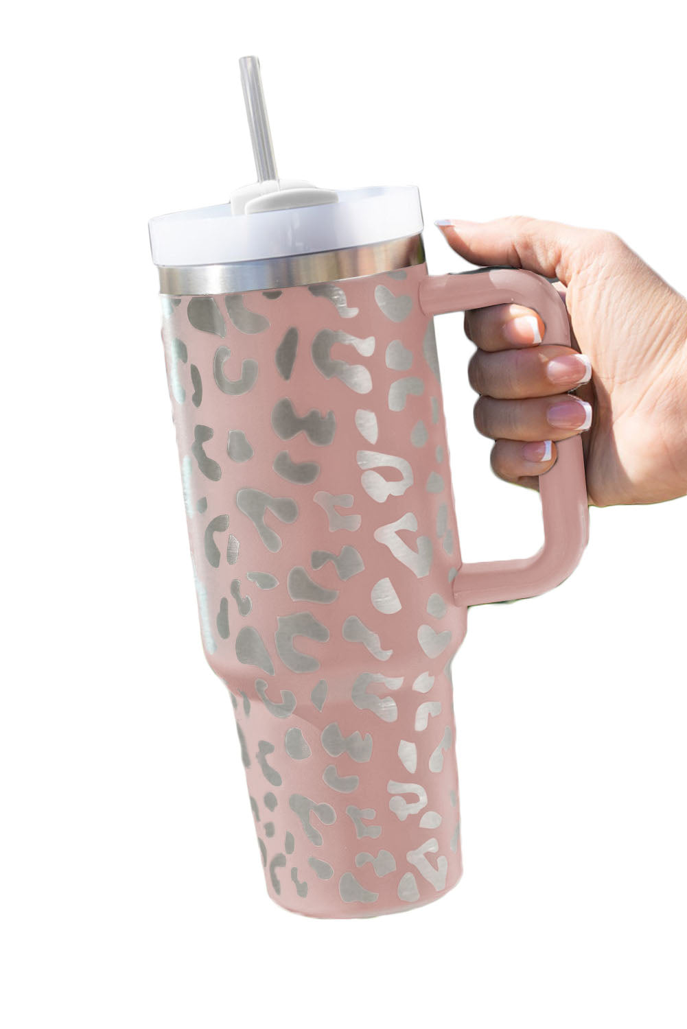 Pink Leopard Print 40oz Stainless Steel Portable Cup with Handle