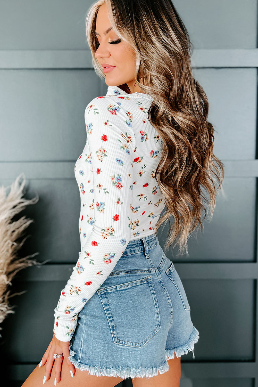 White Long Sleeve Cut-out Floral Bodysuit