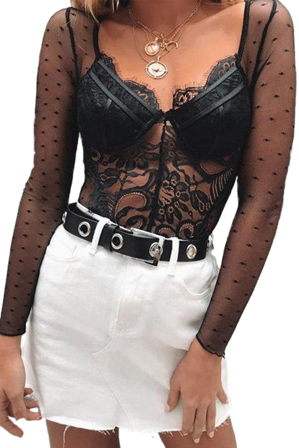 Black Long Sleeve Mesh Lace Bralette Bodysuit