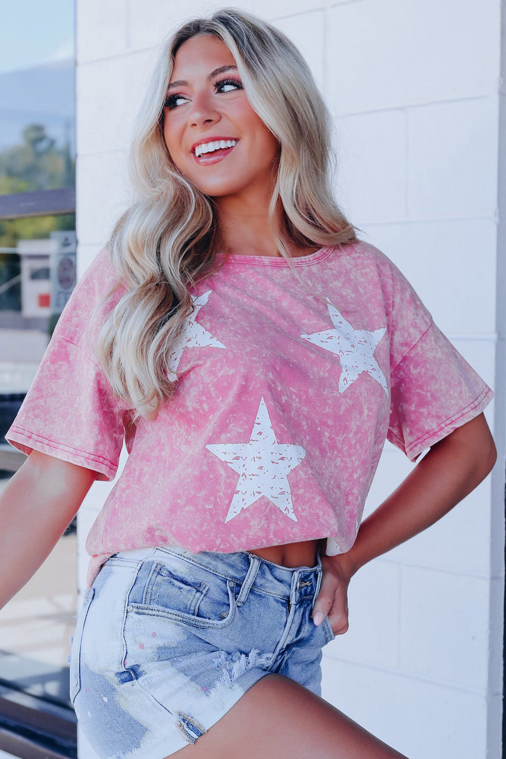 Pink Vintage Star Printed Mineral Wash Graphic Tee