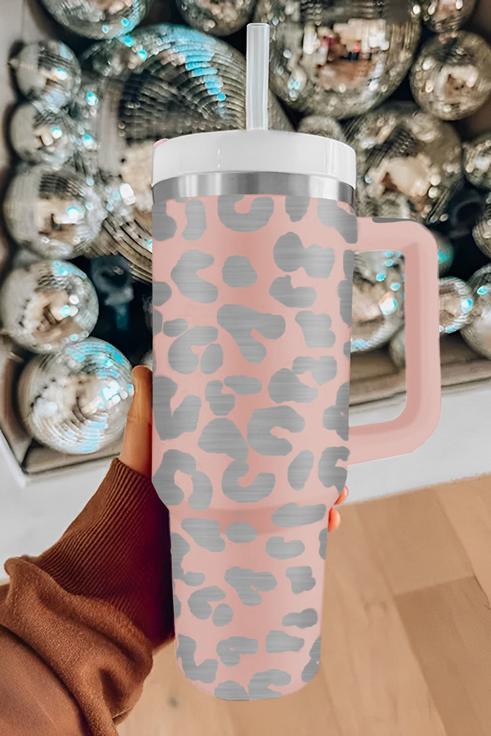 Pink Leopard Print 40oz Stainless Steel Portable Cup with Handle