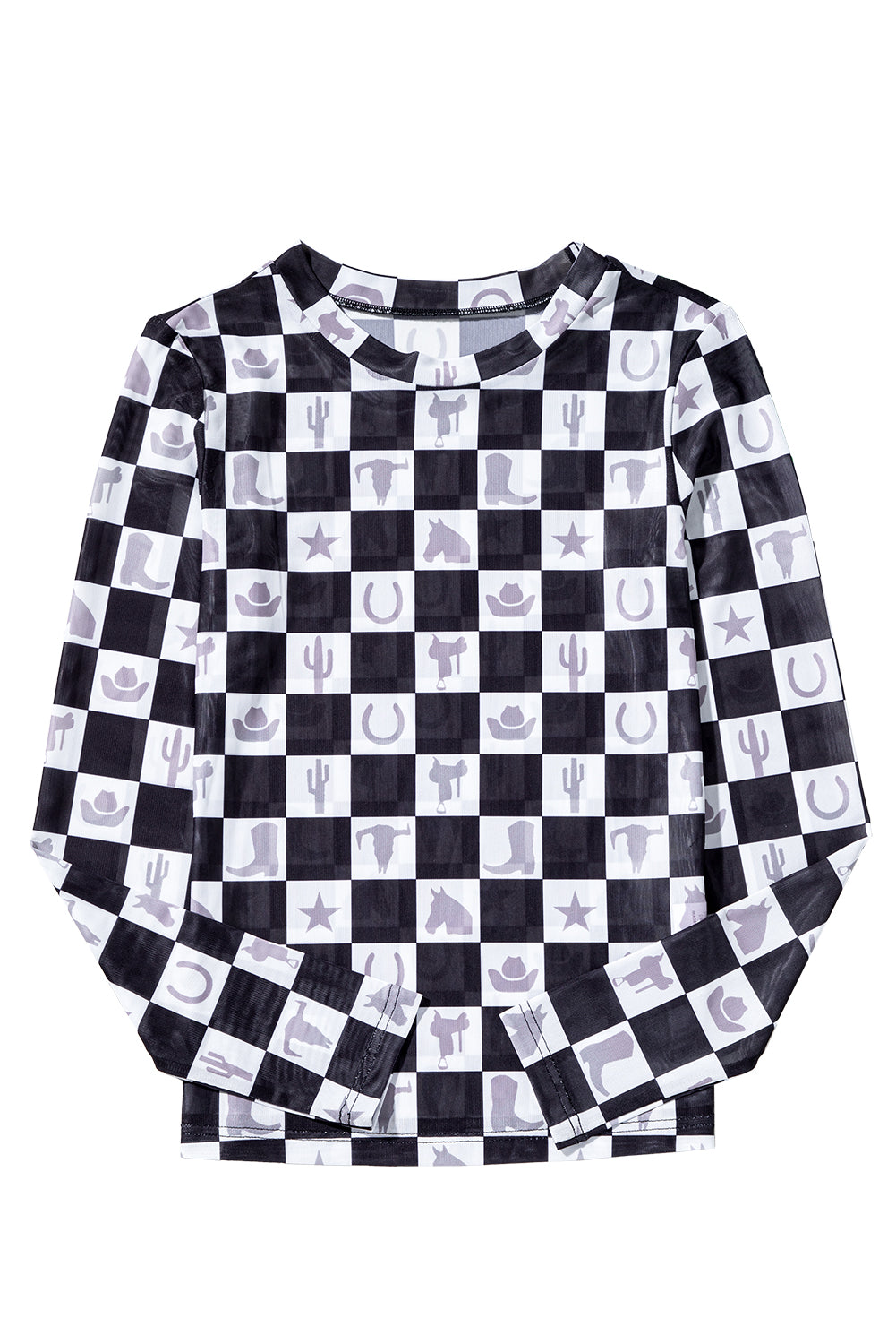 Black Checkerboard Western Elements Printed Mesh Long Sleeve Top