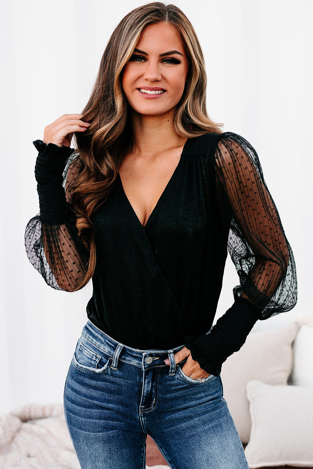 Black Mesh Long Sleeve Surplice Bodysuit