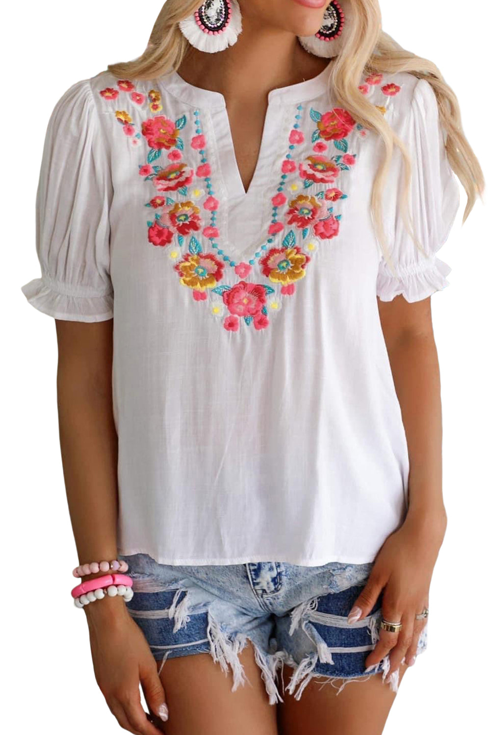 White Floral Embroidered Ruffled Puff Sleeve Blouse