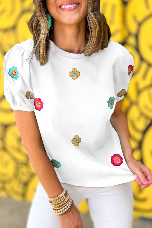 White Embroidered Flower Short Puff Sleeve Tee