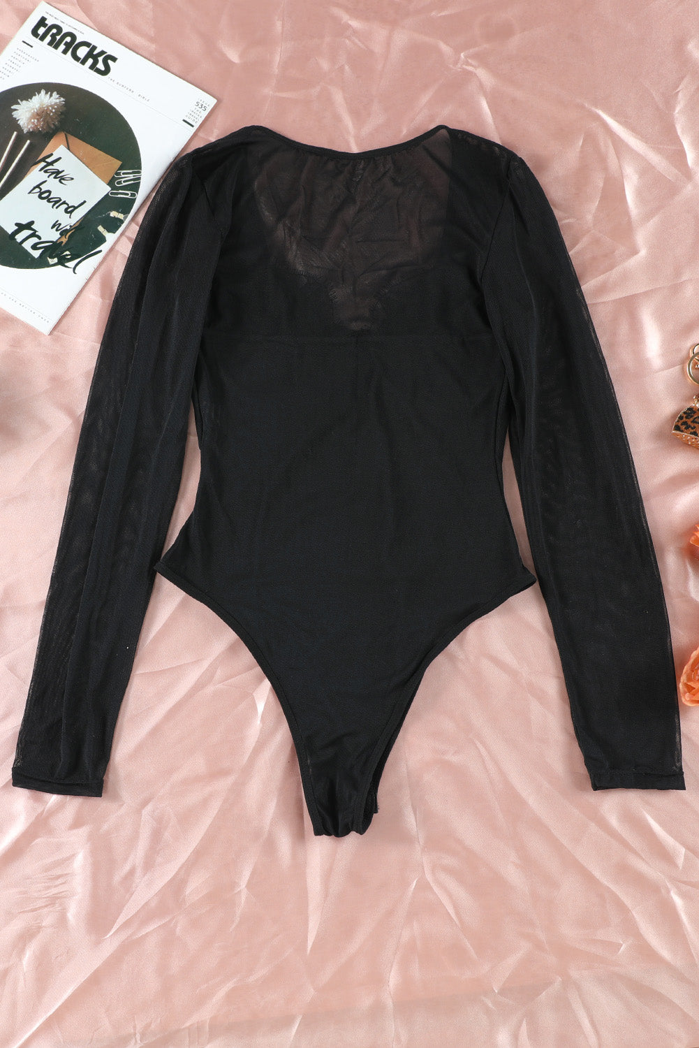 Black Lace Contrast V Neck Long Sleeve Bodysuit