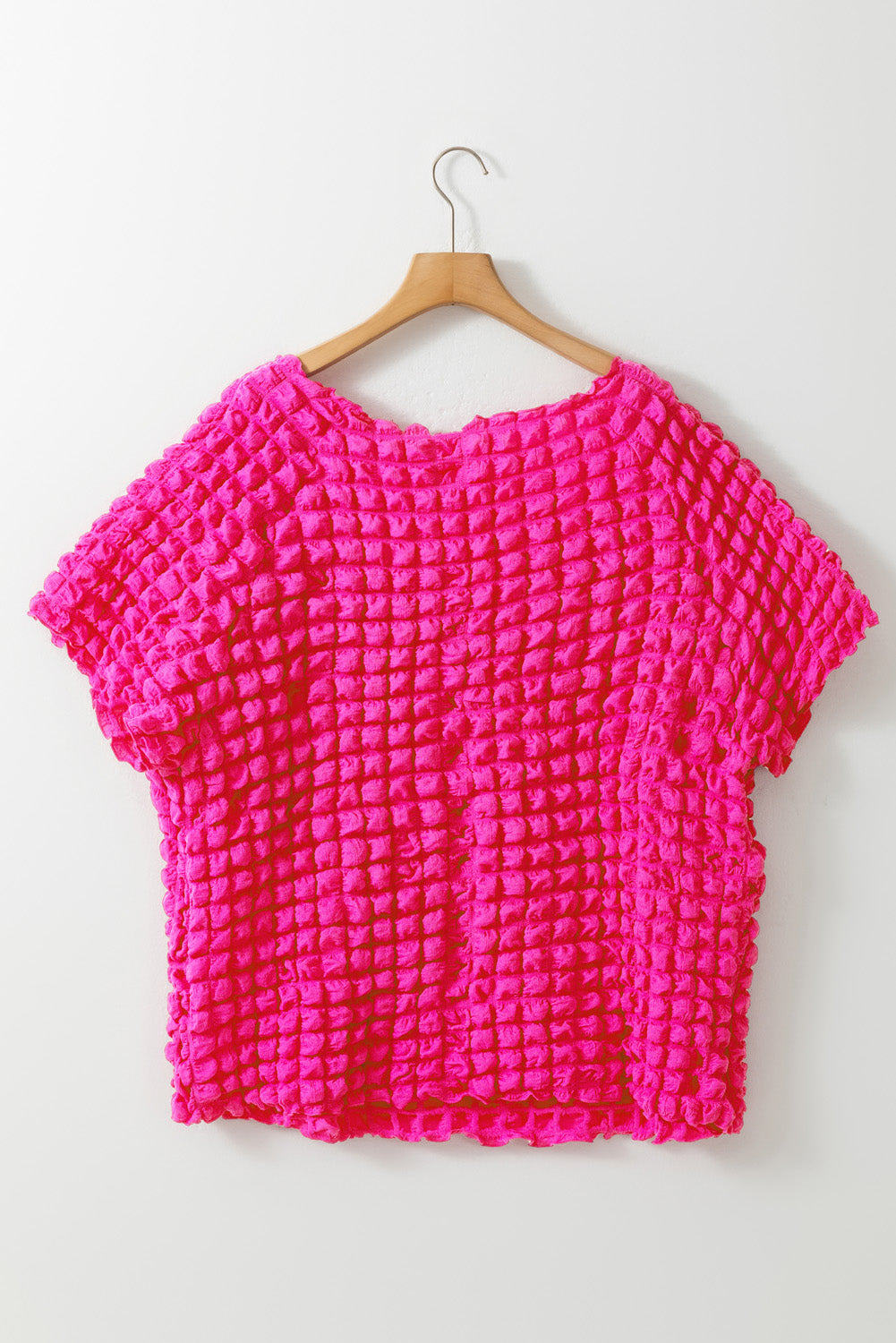 Strawberry Pink Bubble Textured Square Neck Short Sleeve Plus Size Top