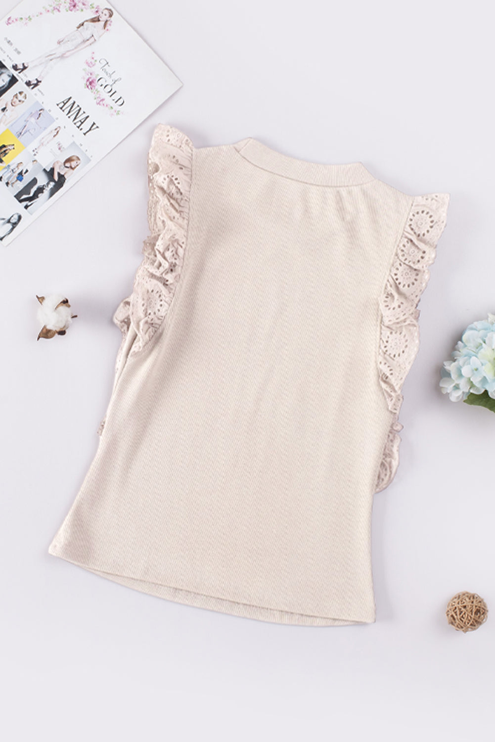 Khaki Ruffled Lace Patch Knit Tank Top