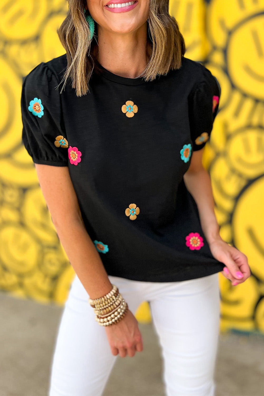 White Embroidered Flower Short Puff Sleeve Tee