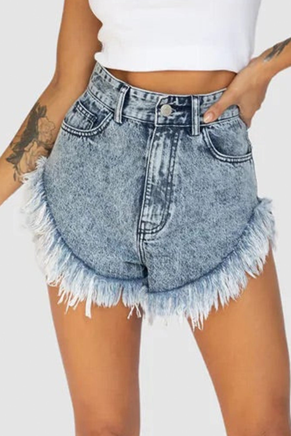 Sky Blue Dark Acid Wash Raw Hem Jean Shorts