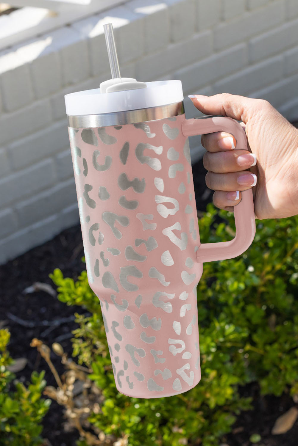 Pink Leopard Print 40oz Stainless Steel Portable Cup with Handle