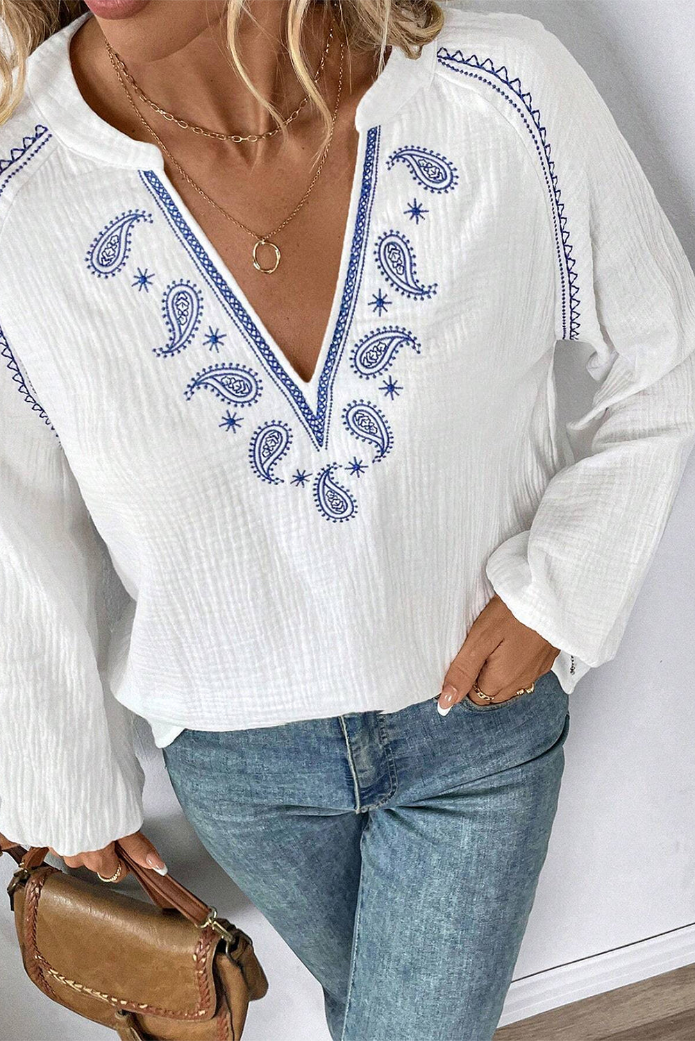 White Paisley Embroidered Textured Split Neck Long Puff Sleeve Blouse