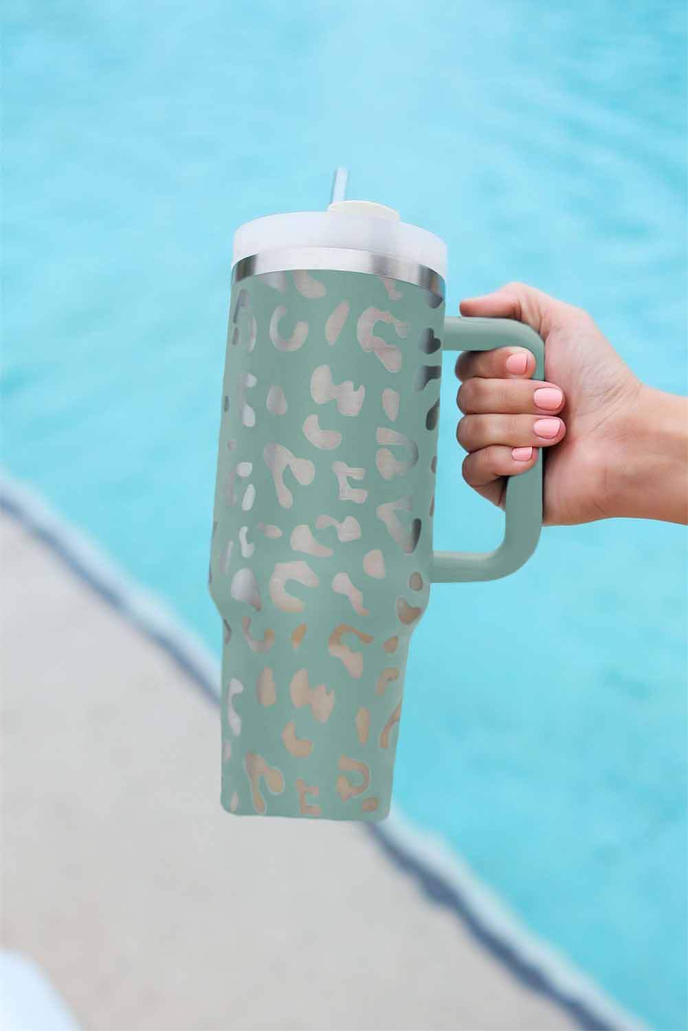 Green Leopard Print 40oz Stainless Steel Portable Cup with Handle